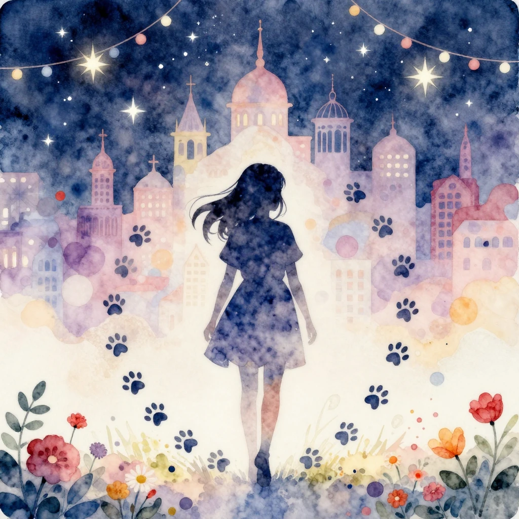 Watercolor illustration of a teenage girl silhouette surroun...