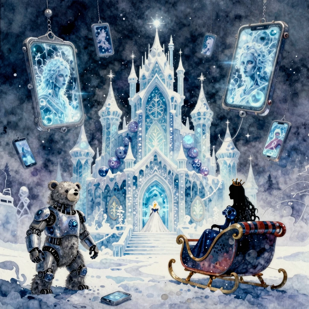 A vibrant watercolor painting of a cyberpunk Snow Queen's ic...