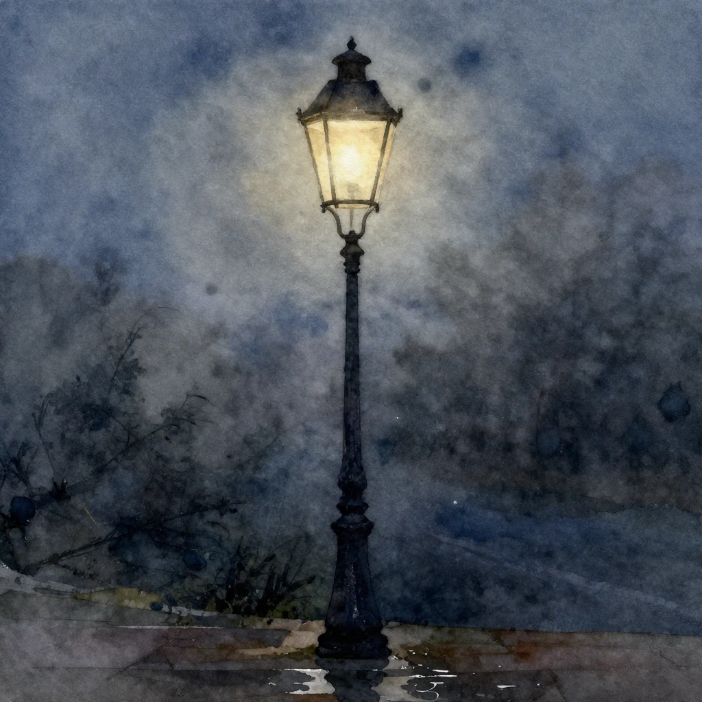 A watercolor painting focusing on an old, ornate street lamp...