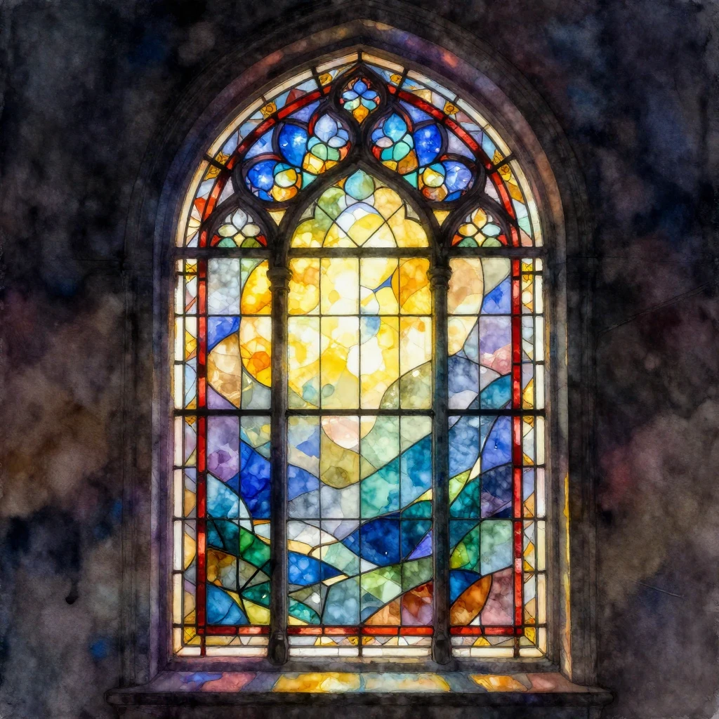 A vibrant stained glass window, glowing with colorful light ...