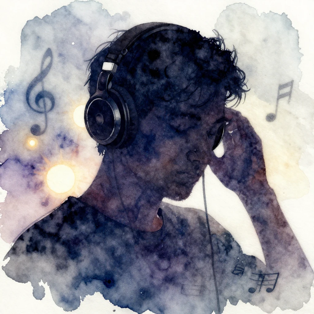 A watercolor painting depicting a silhouette of a person wit...