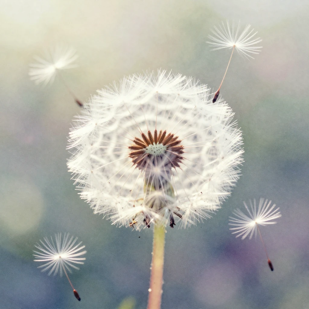 A watercolor painting featuring numerous dandelion seeds gen...