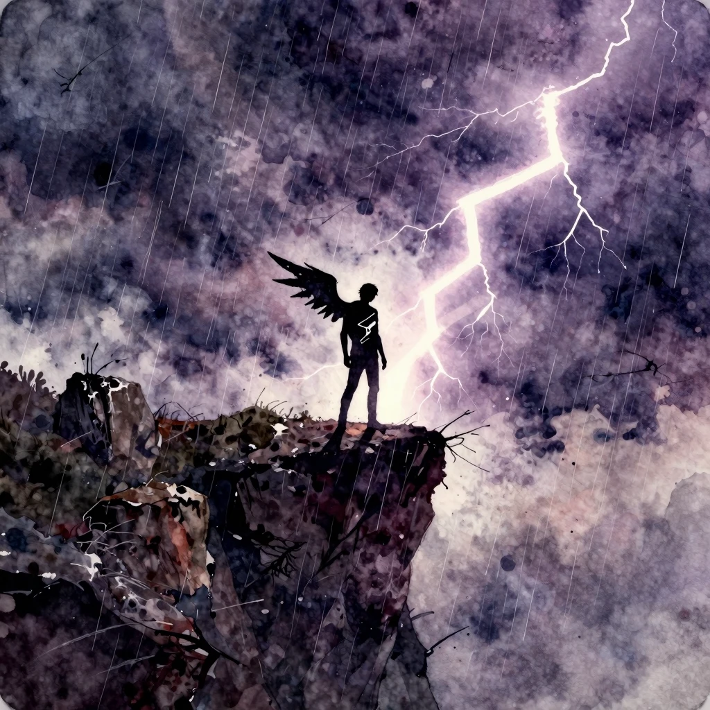 Vibrant watercolor style. Dark, stormy rock album cover. A l...