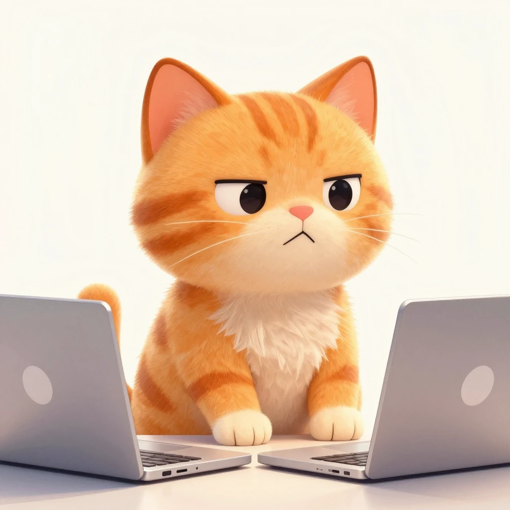 A funny orange cat sitting in front of a laptop, looking sli...
