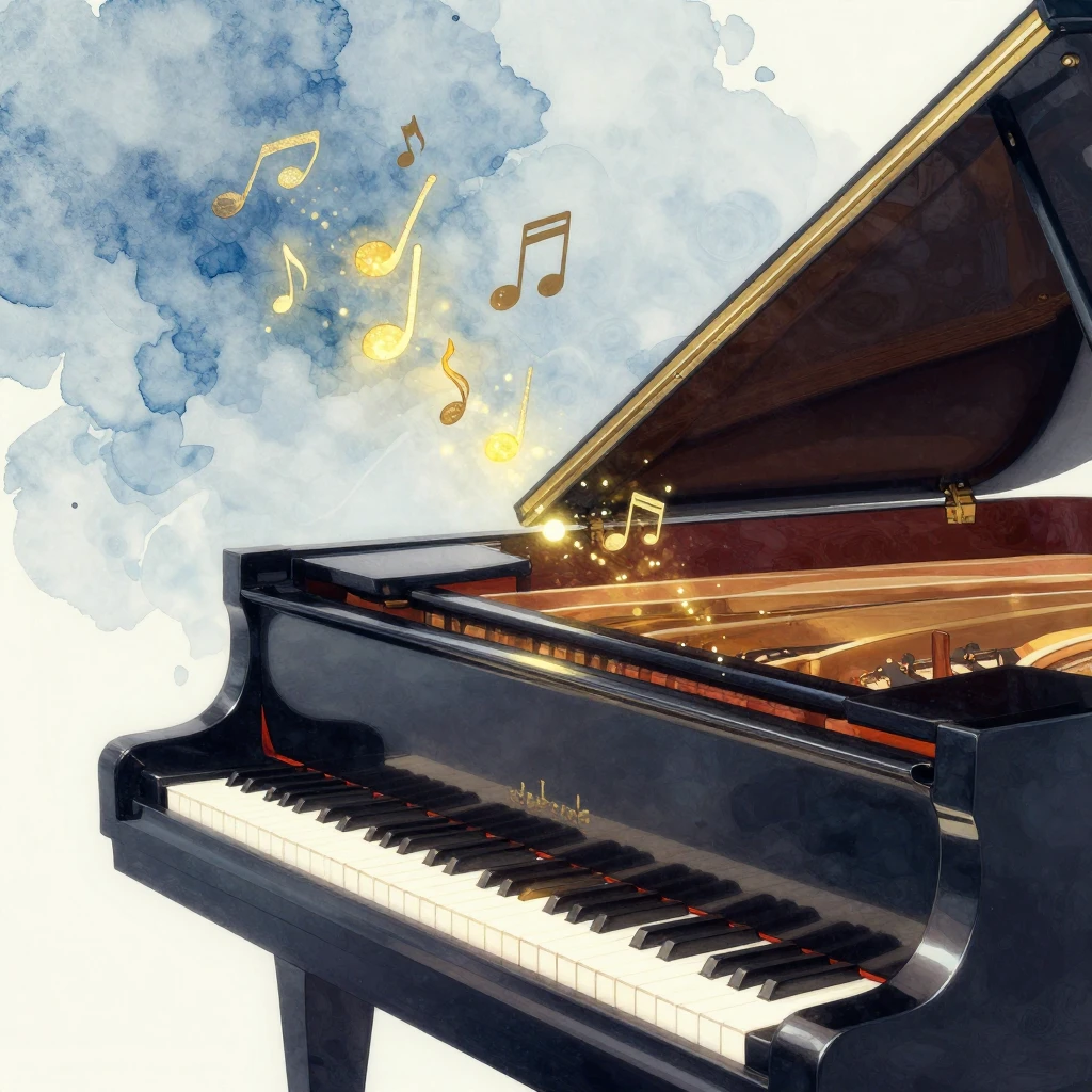 A grand piano with keys glowing in warm light, abstract musi...