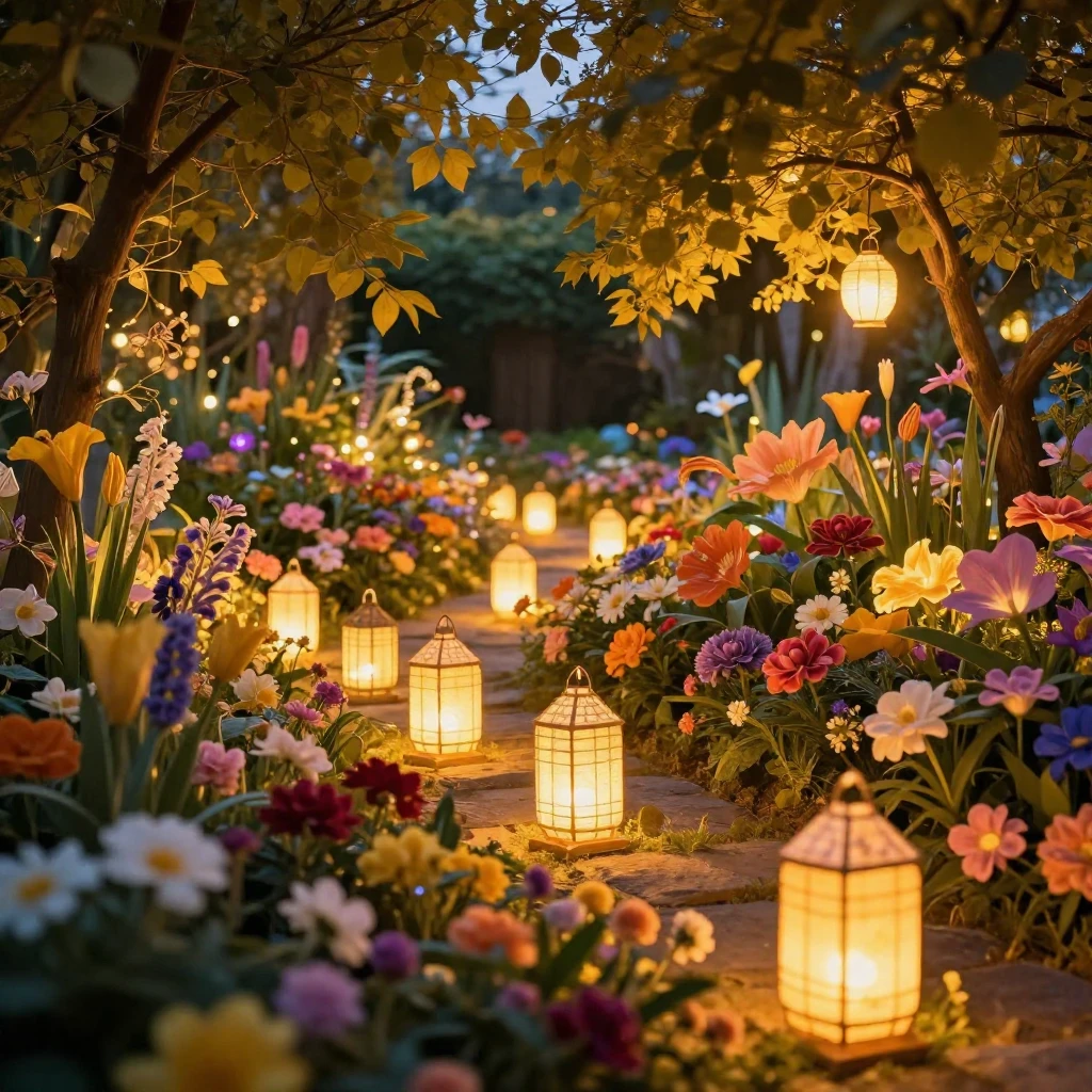 A beautiful garden at twilight, filled with glowing, soft-li...