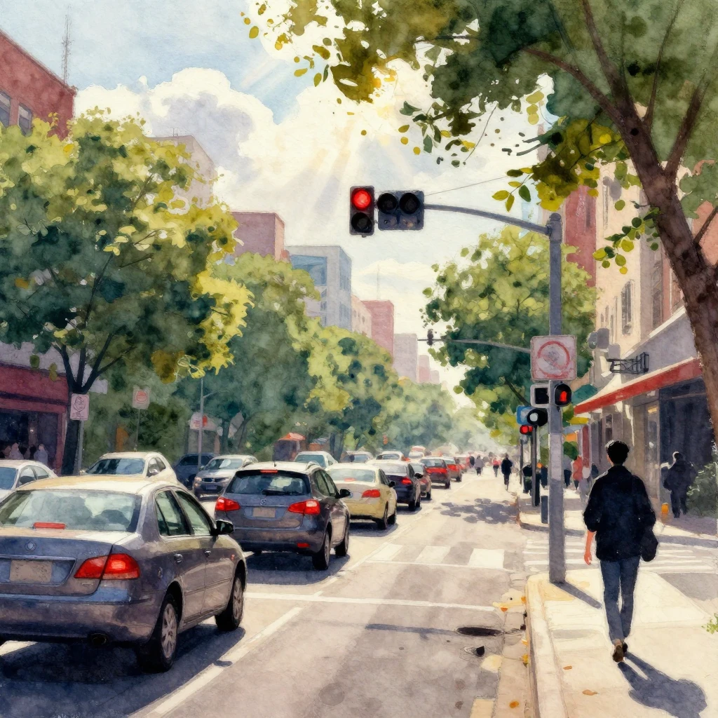 Vibrant watercolor painting depicting urban life. A busy cit...