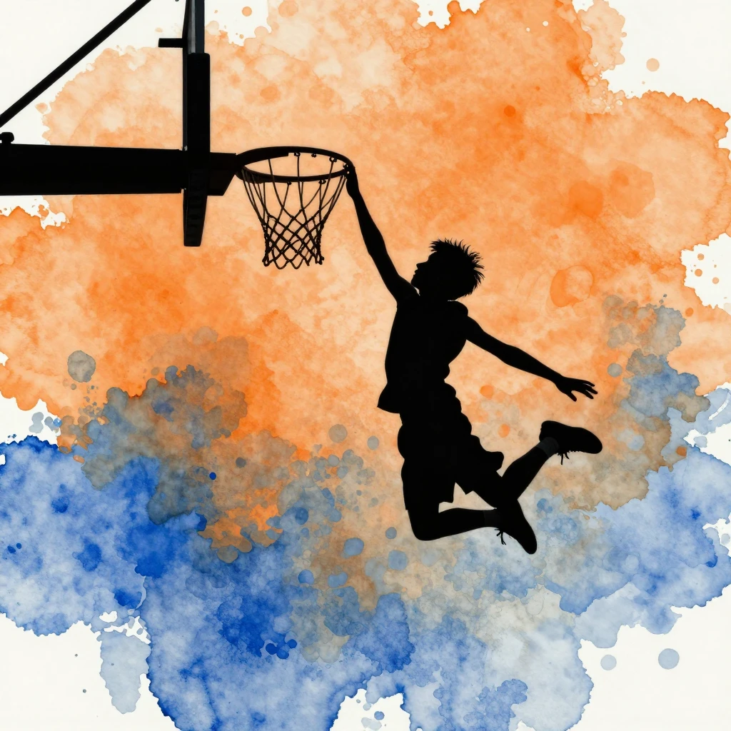 Watercolor style dynamic silhouette of a young boy jumping t...