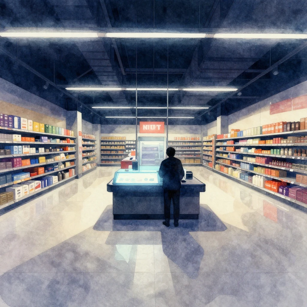 A vast, empty hypermarket at night, with a single glowing ch...