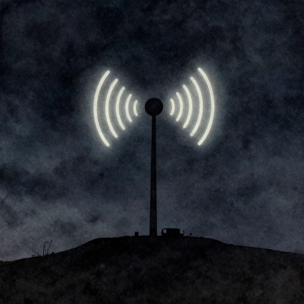 A lonely antenna depicted as a stark silhouette on a hill, i...
