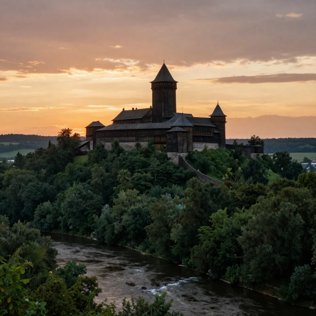 A majestic silhouette of an ancient wooden fortress standing...