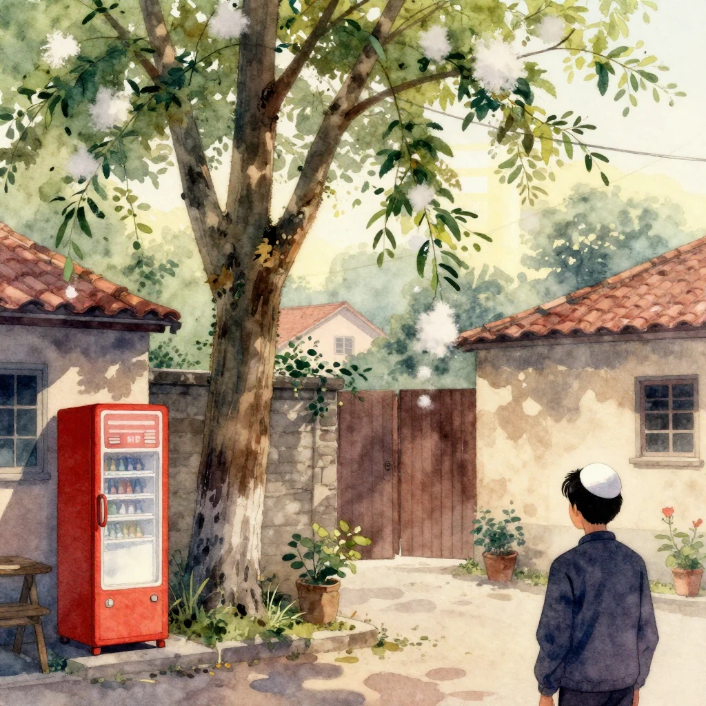 Vibrant watercolor style. Nostalgic scene of a quiet 1970s c...