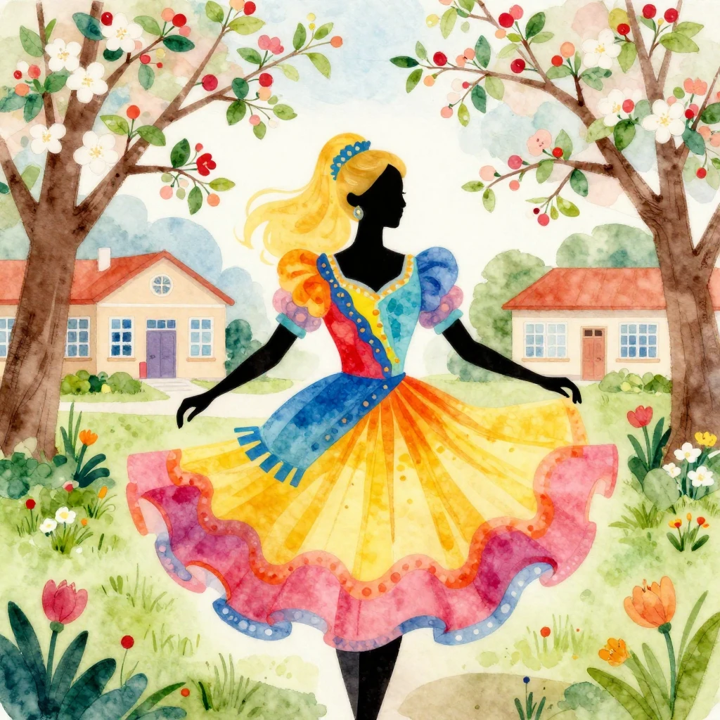 A vibrant illustration in Forró style, watercolor. A silhoue...