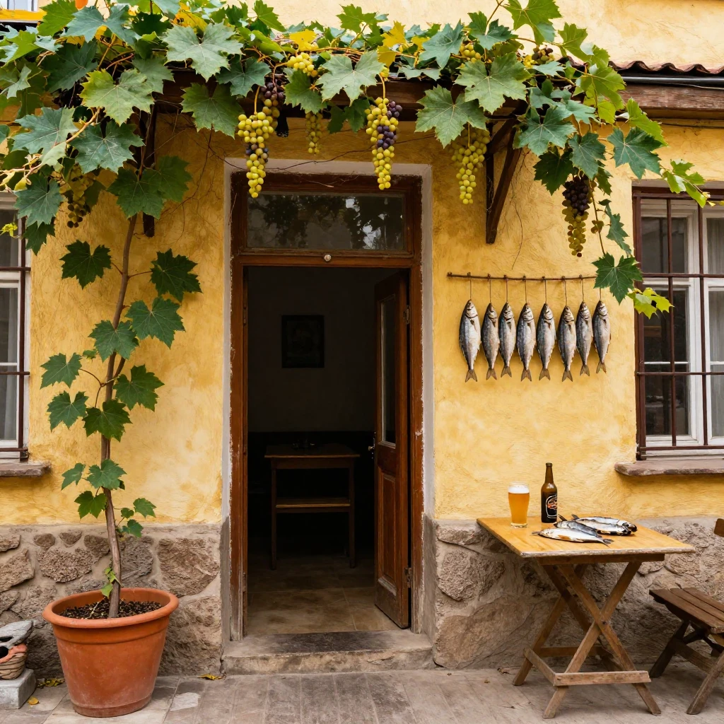 A vibrant, cozy, old Odessa courtyard, with wild grapes clim...