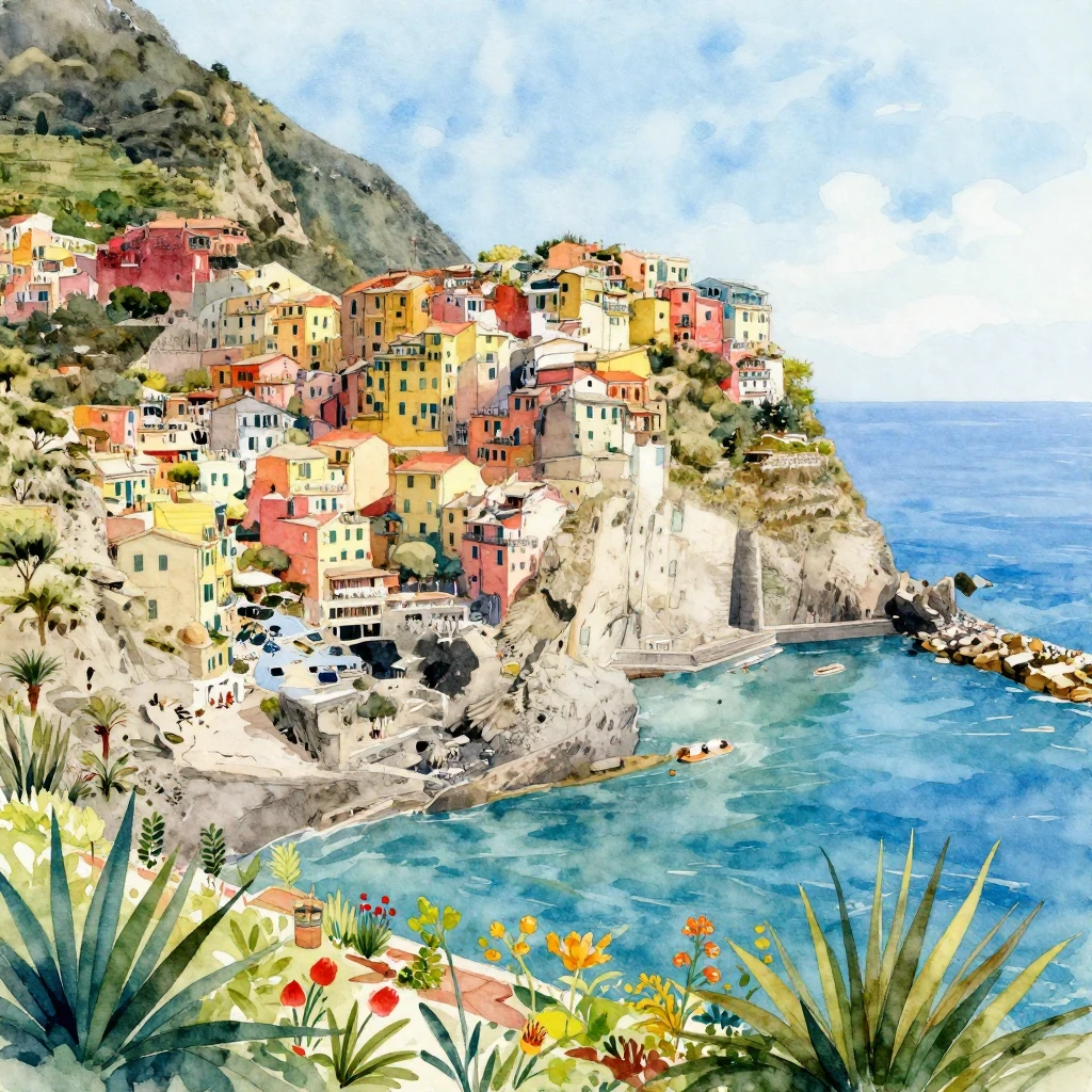 A vibrant watercolor illustration of a sunny Italian coast, ...