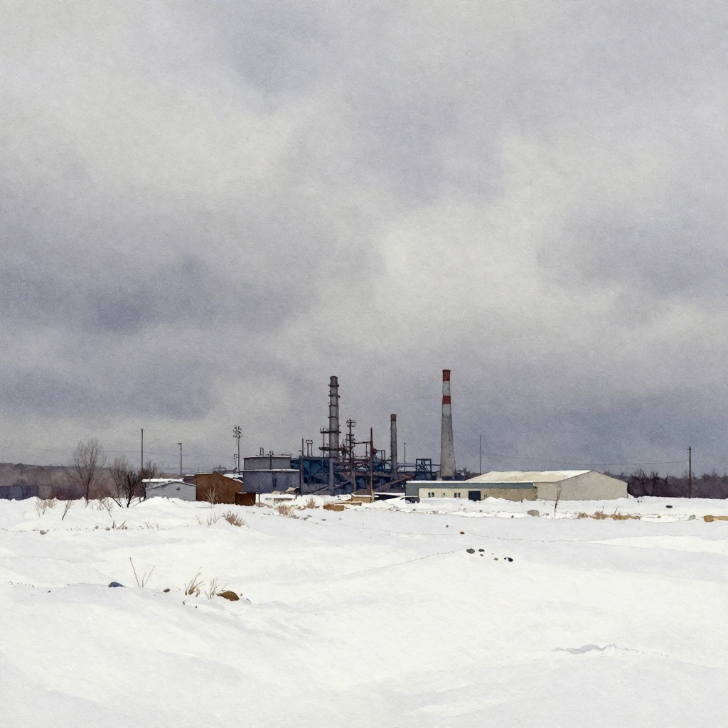 Watercolor painting of a desolate, snow-covered industrial l...