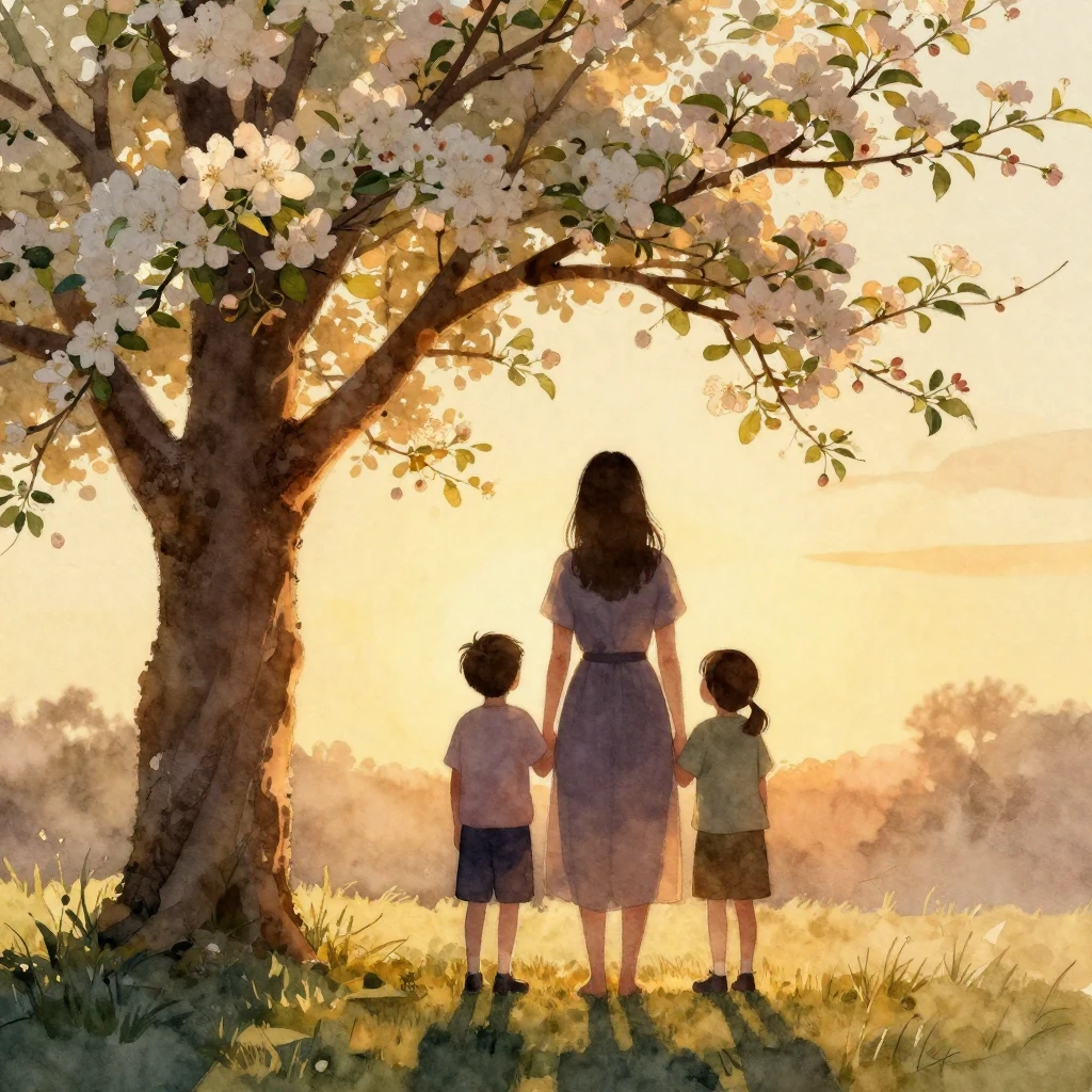 A watercolor silhouette of a mother and her adult children s...