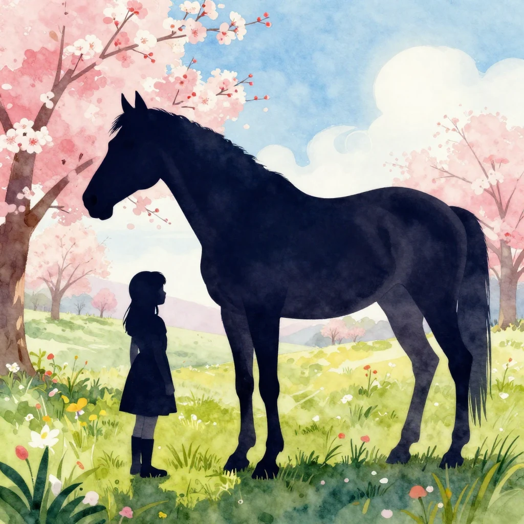 Watercolor style silhouette of a young girl and a horse toge...