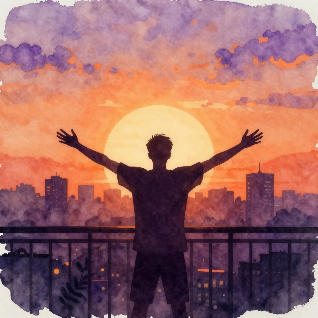 A watercolor painting of a silhouette of a man standing on a...