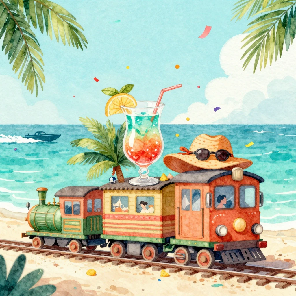 A whimsical watercolor illustration of a festive railway tra...