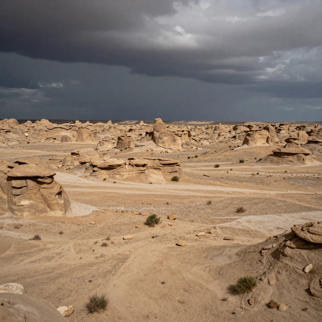 A vast, dramatic prehistoric desert landscape under a stormy...