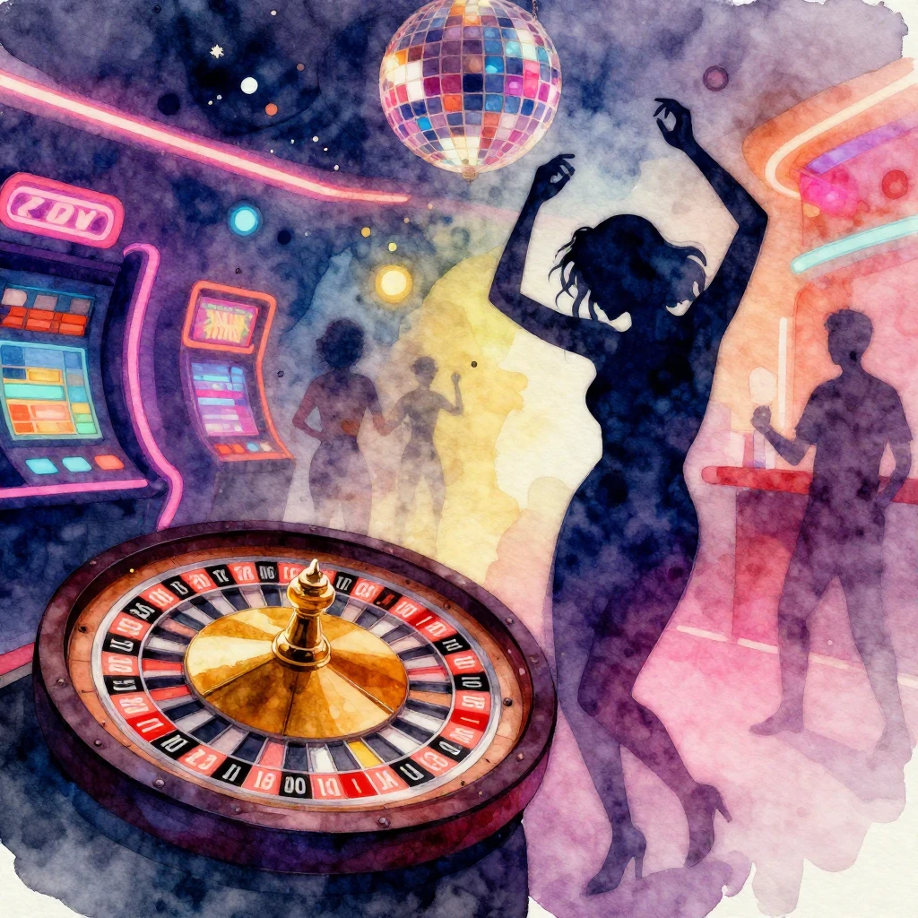 Vibrant watercolor style. Disco casino party, roulette wheel...