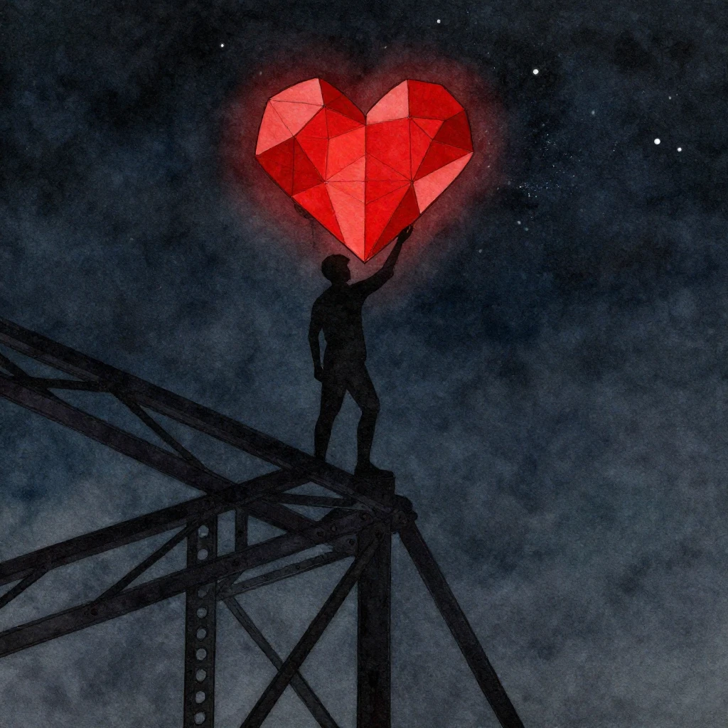 A silhouette of a man standing on a high steel beam of a sky...