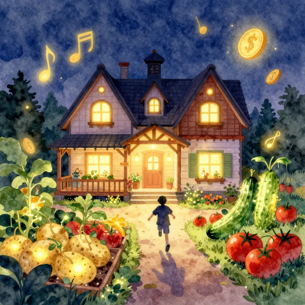 Vibrant watercolor style. A glowing oversized dacha house at...