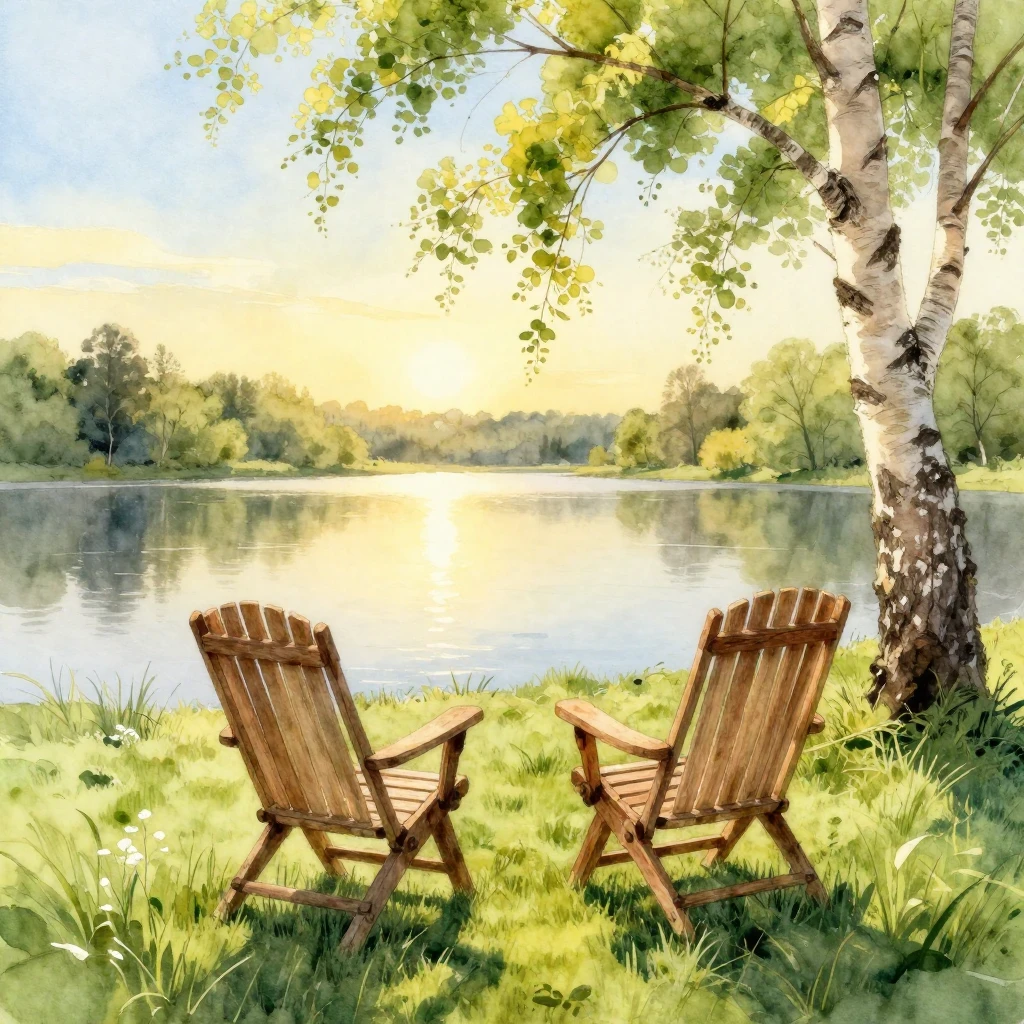 A watercolor painting featuring two rustic wooden garden cha...