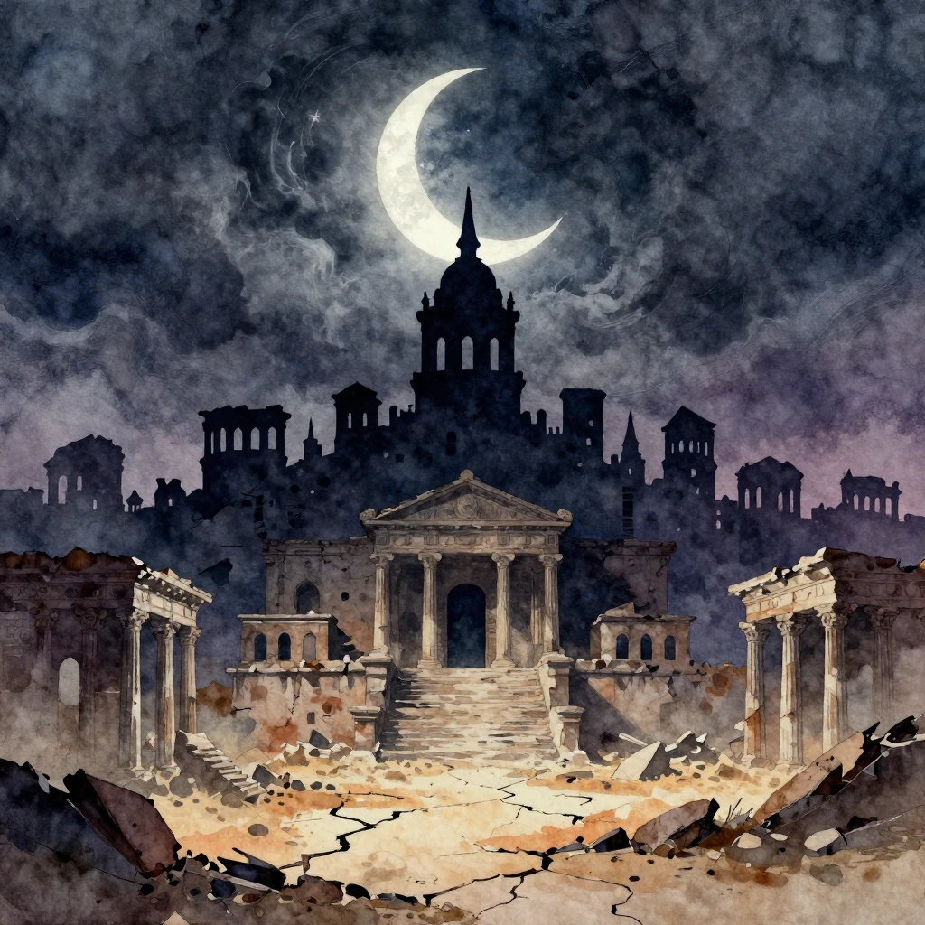 A crumbling, stylized silhouette of a grand ancient city und...