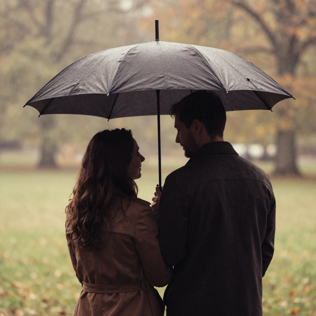 A couple's silhouettes sharing an umbrella under gentle rain...
