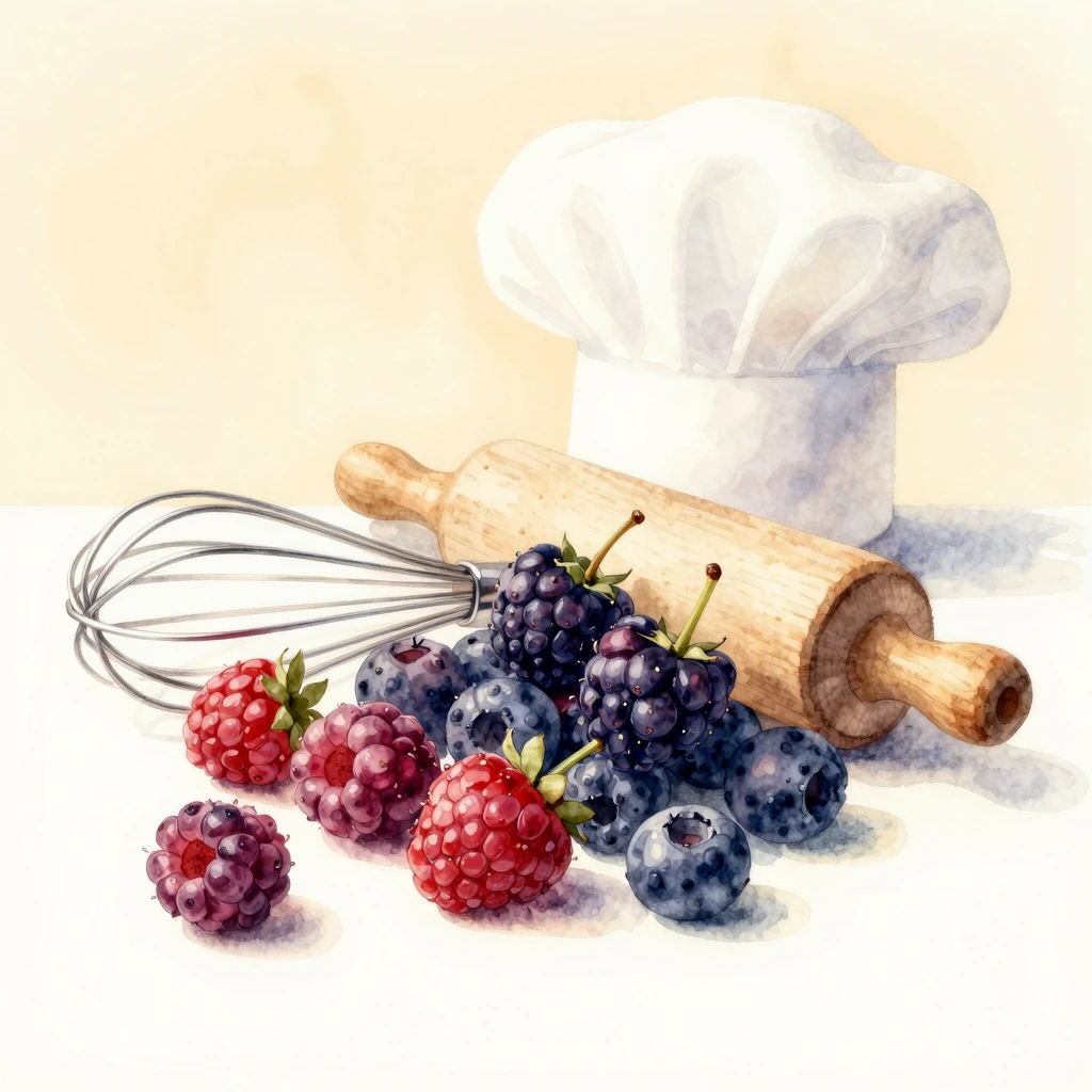 Watercolor painting of fresh berries with a whisk and rollin...