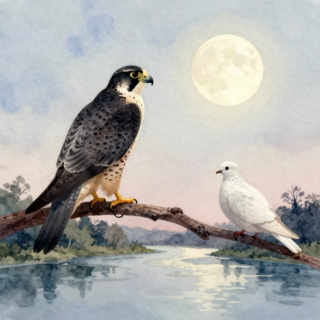 A majestic falcon and a gentle dove perched on separate bran...