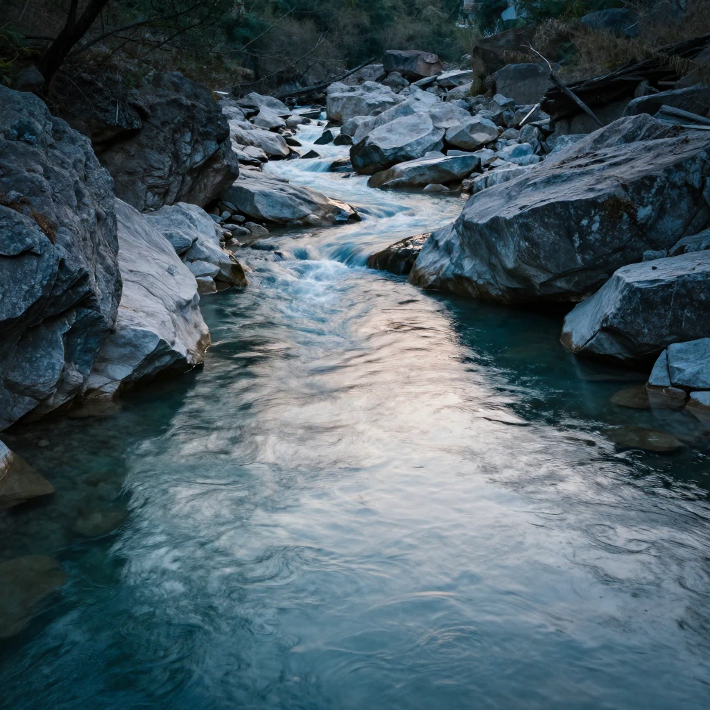 A serene mountain river, clear and deep, flowing through a r...