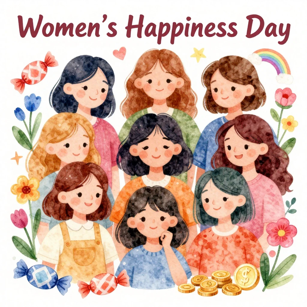 Vibrant, joyful watercolor illustration for 'Women's Happine...