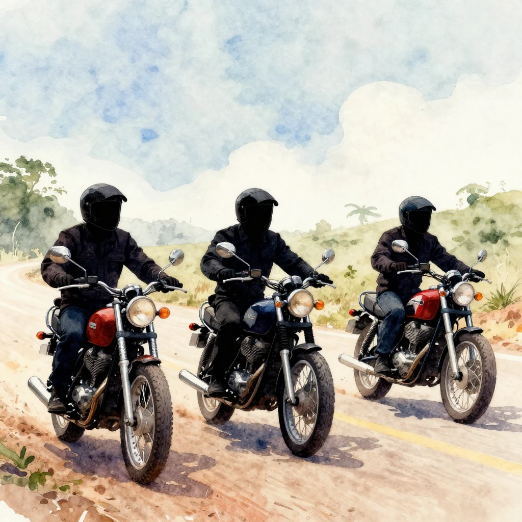 Vibrant watercolor style, silhouette of old bikers with thei...
