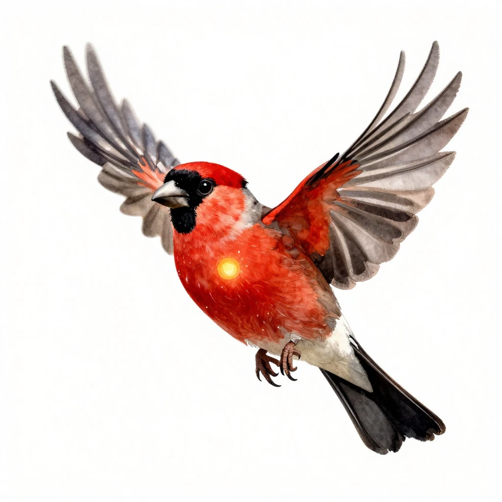 A vibrant red bullfinch with a glowing sun on its chest, fly...