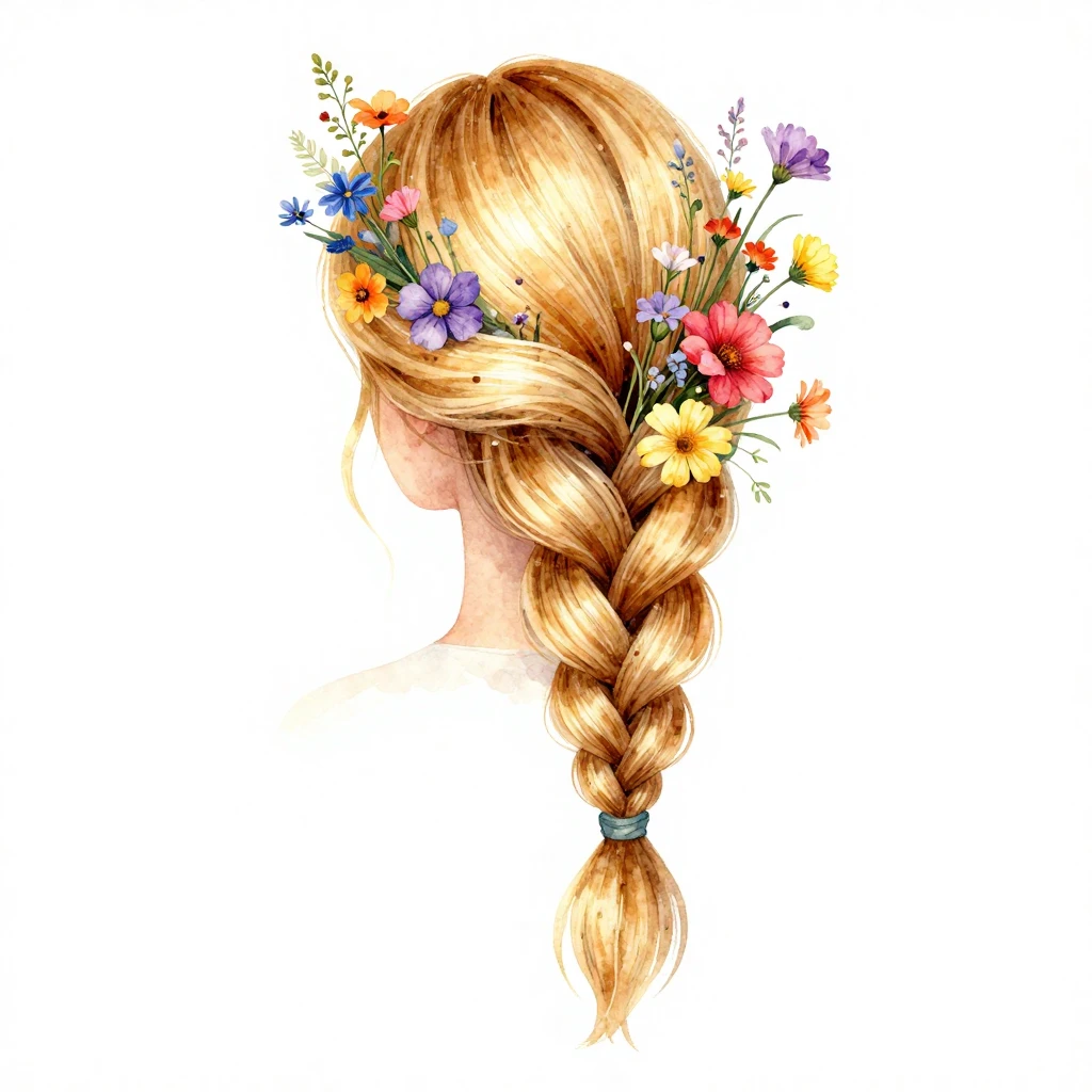 Vibrant watercolor style. A beautiful, flowing blonde braid ...