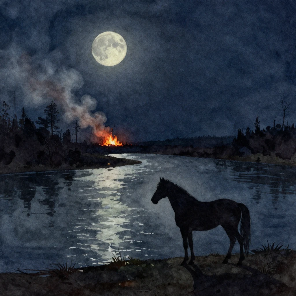 A vibrant watercolor painting of a dark, wide river under a ...