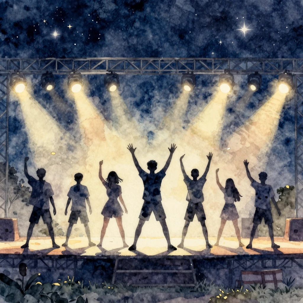 Watercolor style. Silhouettes of energetic teenagers perform...
