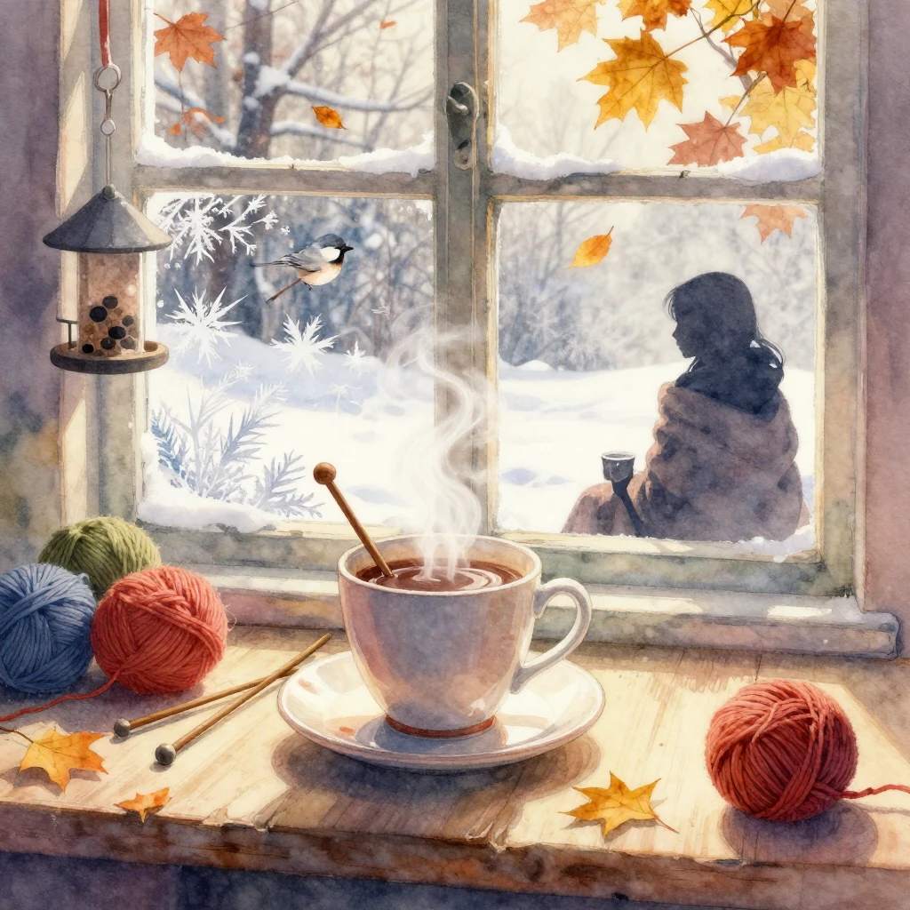A vibrant watercolor illustration of a cozy autumn-winter sc...