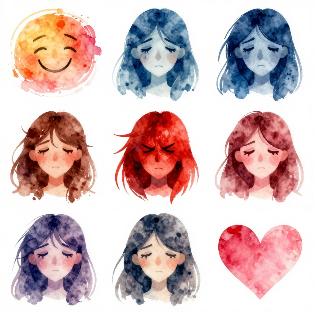 A series of abstract watercolor illustrations, each depictin...