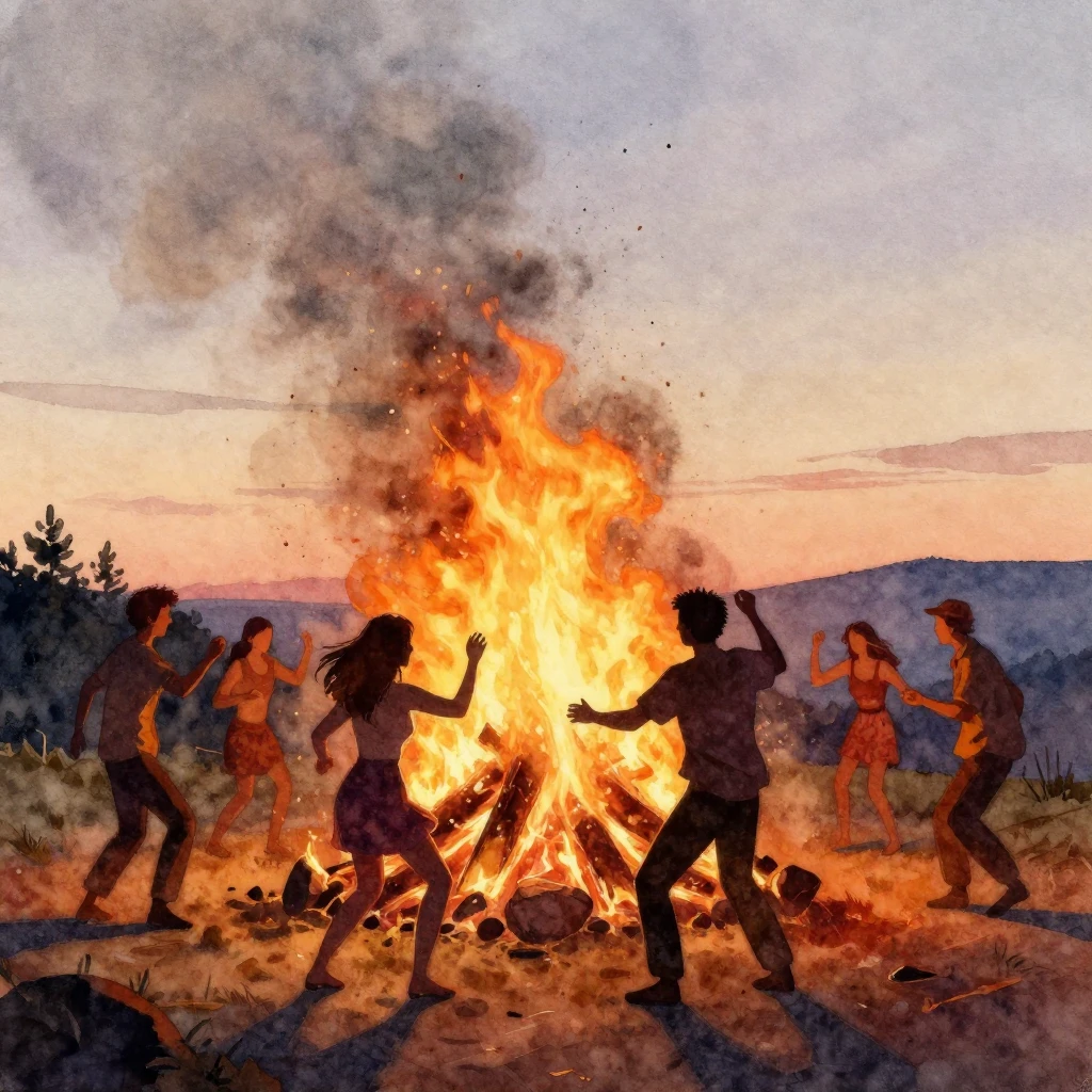 A watercolor scene of silhouettes of people dancing energeti...