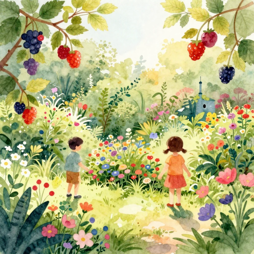 A cheerful and colorful scene of a lush garden with abundant...