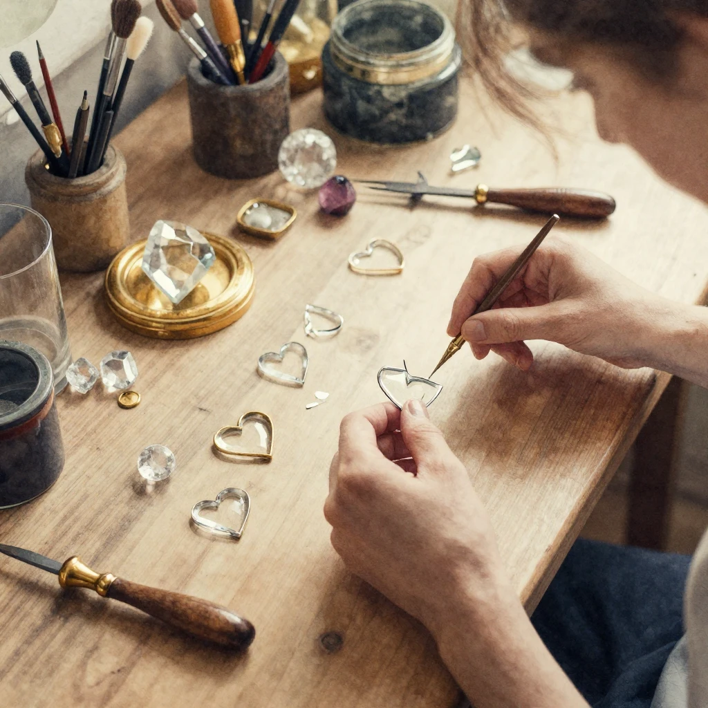 Watercolor style. An old cozy workshop filled with soft ligh...