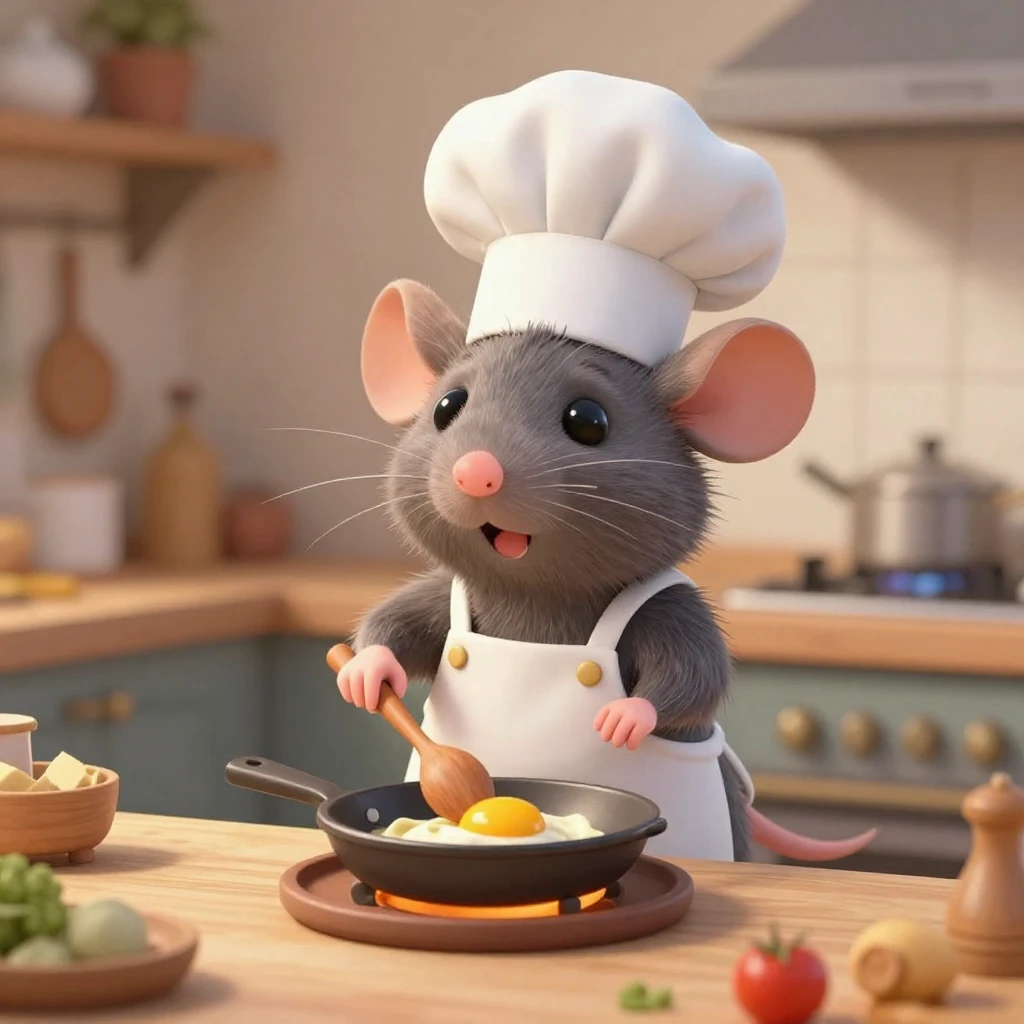 An anthropomorphic rat character, dressed in a chef's hat an...