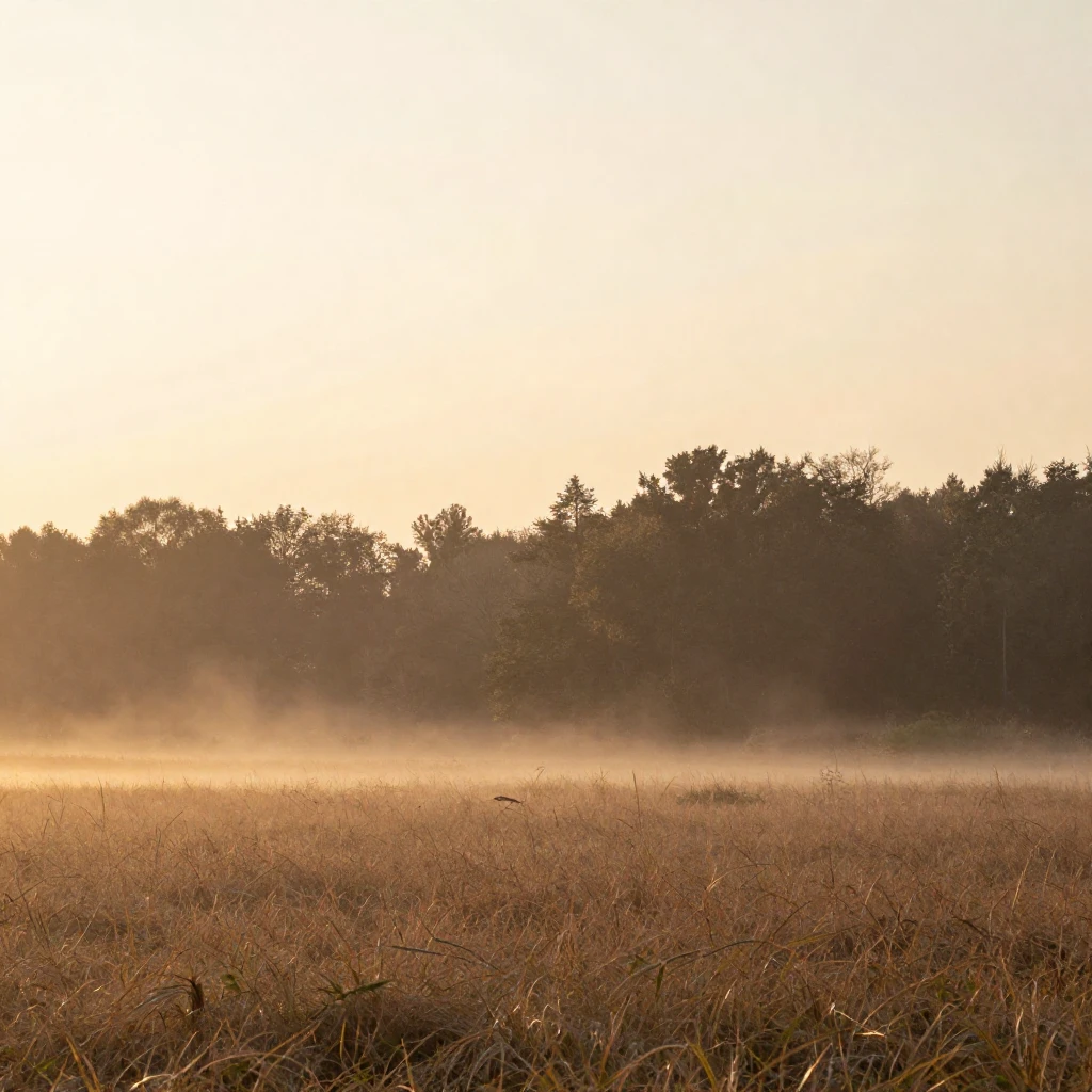 A tranquil field at dawn with a quiet forest in the backgrou...
