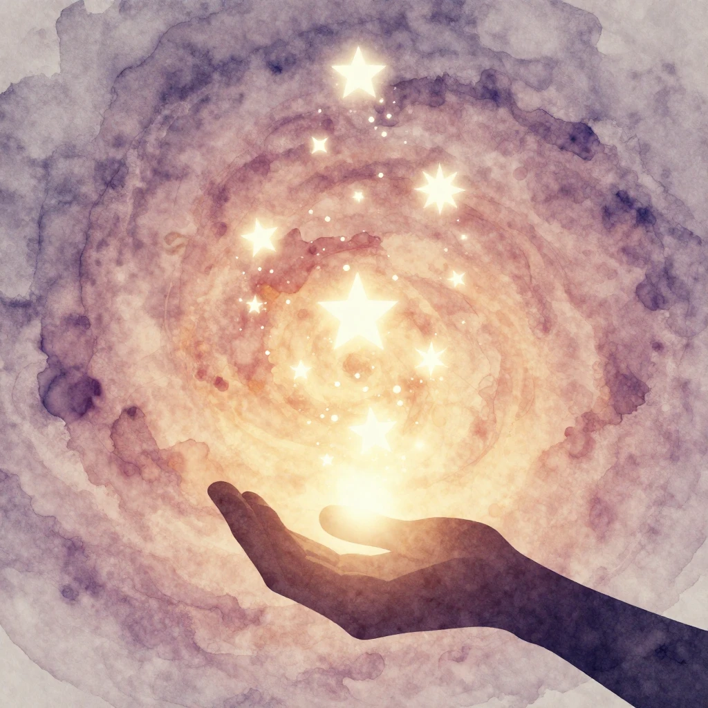 A watercolor silhouette of a hand releasing luminous particl...