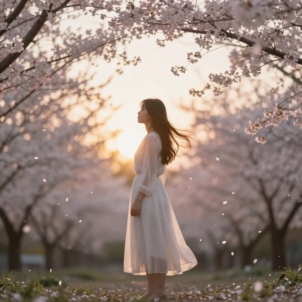 A delicate silhouette of a young woman standing in a bloomin...