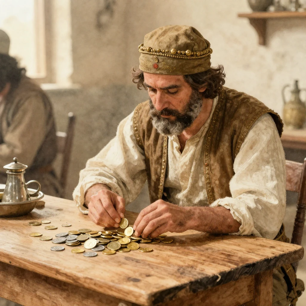 A scene depicting historical commerce with a merchant meticu...